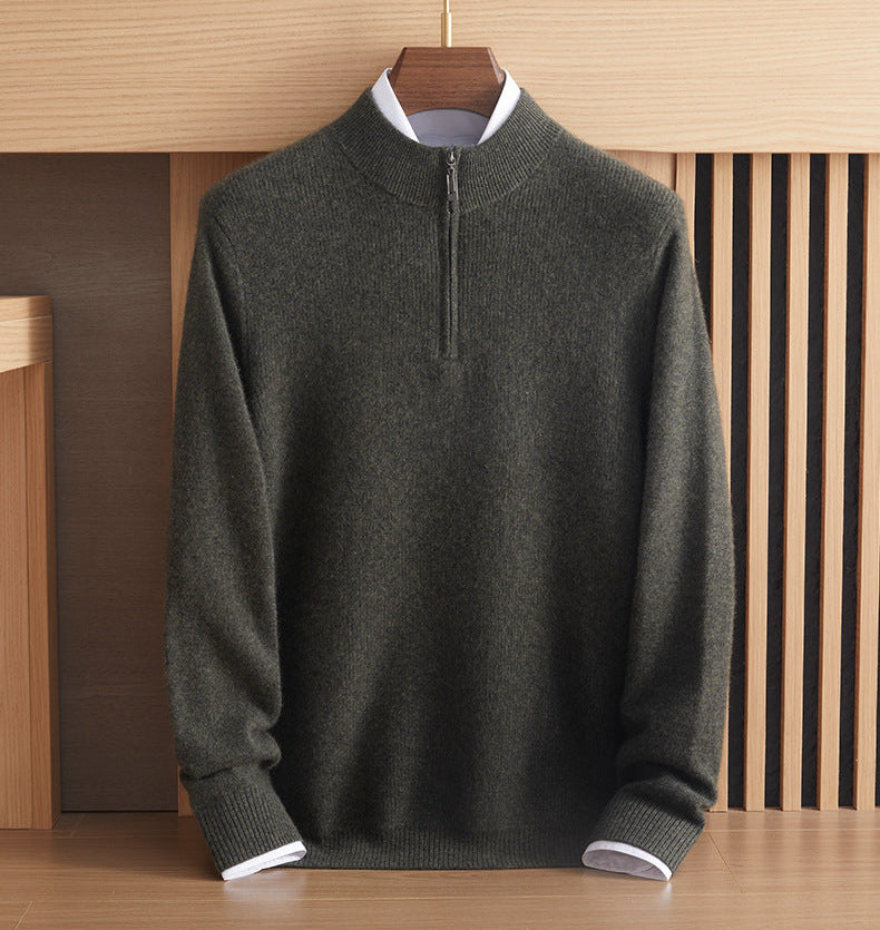 Fabric drape detail of the men’s Arbas cashmere sweater in Moss Glen, showcasing the elasticity and natural luster of the Fisherman rib knit — From Borcelleclothes.