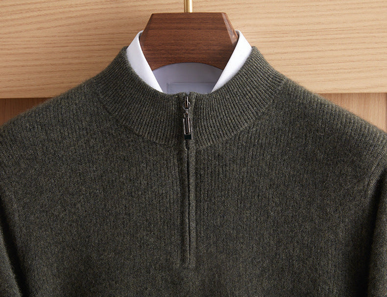 Close-up of the collar and half-zip placket on the men’s ribbed Arbas cashmere sweater in Moss Glen olive green — From Borcelleclothes.