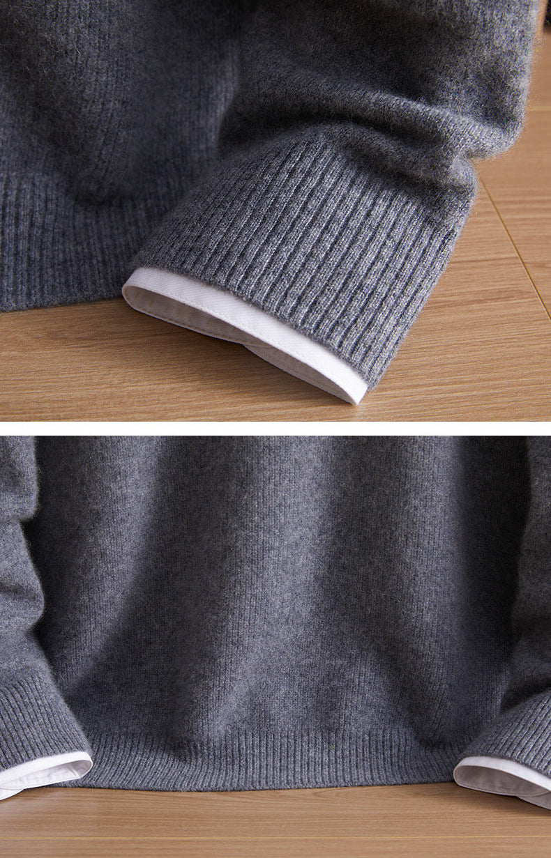Macro detail collage of the ribbed sleeve cuff and bottom hem on the men’s Arbas cashmere sweater in Night’s Edge grey — From Borcelleclothes.