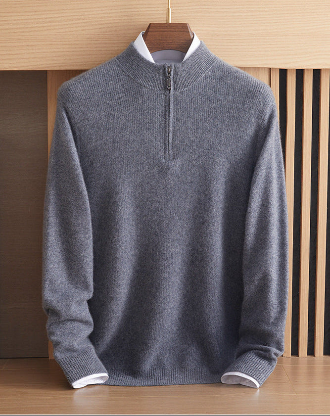 Detailed drape of the men’s ribbed Arbas cashmere sweater in Night’s Edge cool grey, highlighting the dense English rib texture and soft hand feel — From Borcelleclothes.