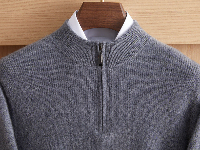 Upper section detail of the men’s Arbas cashmere sweater in Night’s Edge grey, highlighting the 1x1 ribbed mock neck and zipper placket — From Borcelleclothes.
