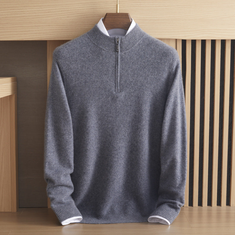 Men’s stand-collar ribbed Arbas cashmere half-zip sweater in Night’s Edge cool grey on a wooden hanger — From Borcelleclothes.