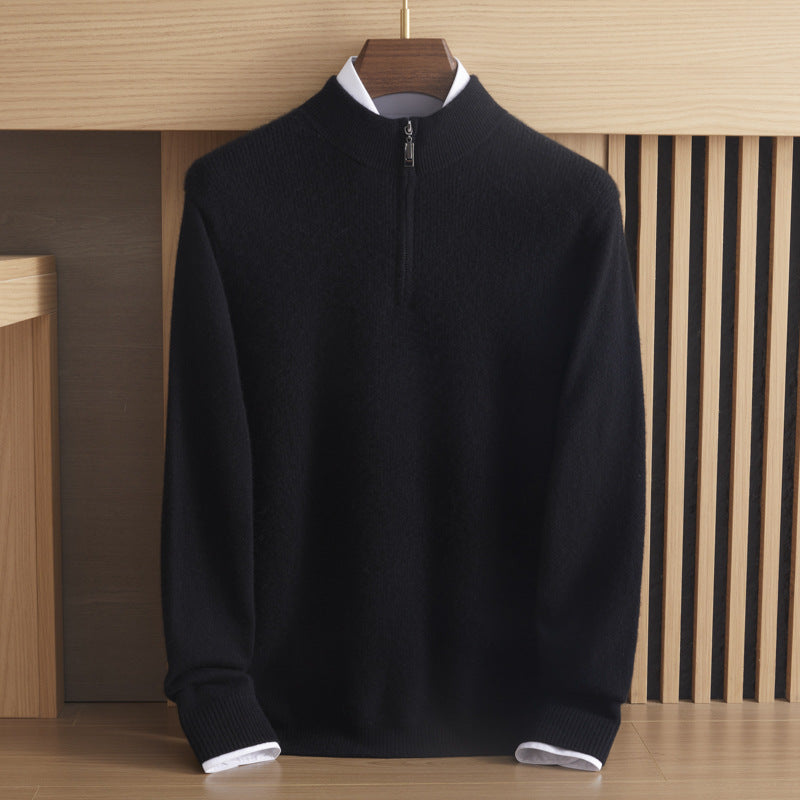 Men’s regular-fit Arbas cashmere sweater with concealed half-zip closure in Obsidian black on a wooden hanger — From Borcelleclothes.