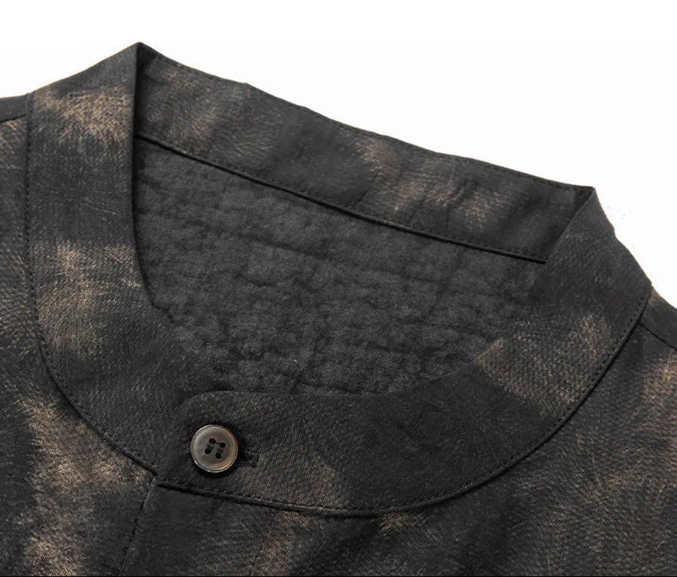 Detail view of the band collar on Men's Xiangyunsha silk shirt in Rutilated Graphite color, showcasing the unique handmade texture — From Borcelleclothes.