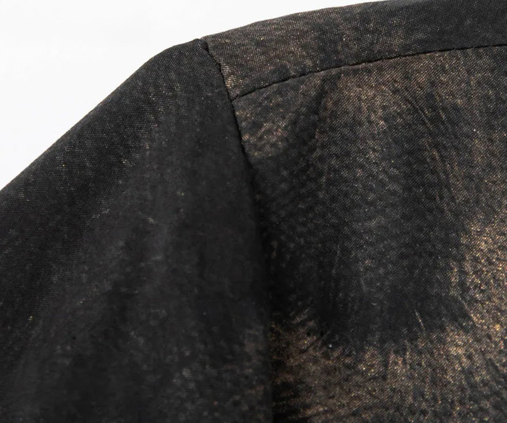 Shoulder line detail of Men's Xiangyunsha silk shirt in Rutilated Graphite color, showing the handmade needle-like amber pattern — From Borcelleclothes.