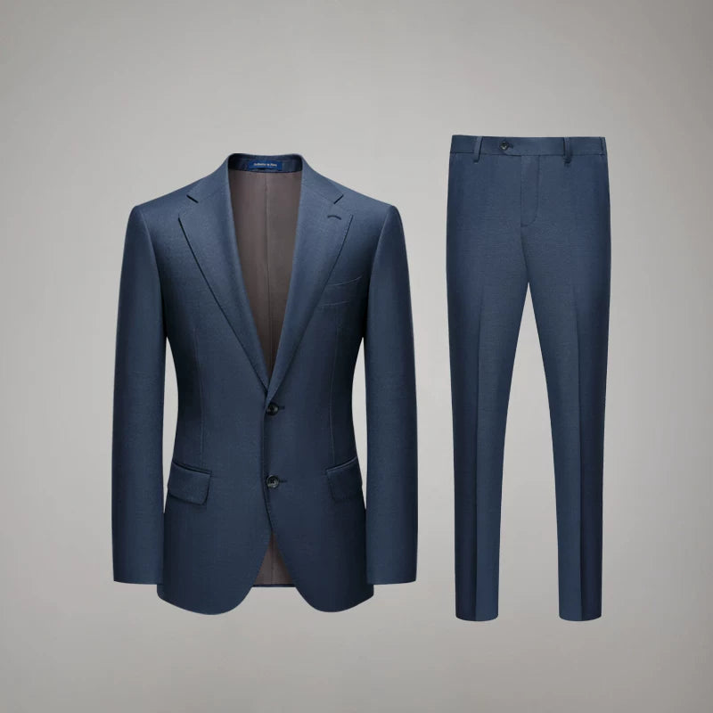 Men's complete two-piece Salt Wave suit ensemble featuring the tailored wool blazer and matching tapered trousers — From Borcelleclothes.