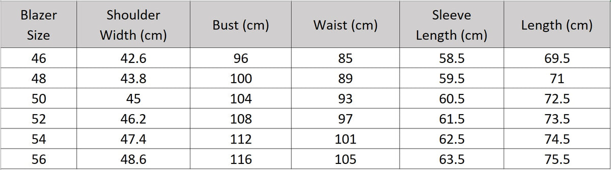 Detailed size chart with tailoring measurements for the Salt Wave melange wool blazer — From Borcelleclothes.