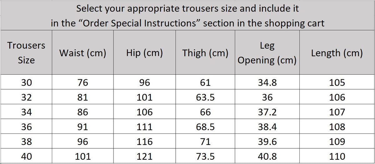 Precise size and fit measurement guide for the Salt Wave tailored wool trousers — From Borcelleclothes.