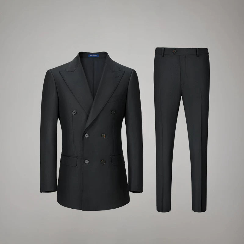 Front display of the Pianissimo Italian wool double-breasted blazer and trousers— From Borcelleclothes.