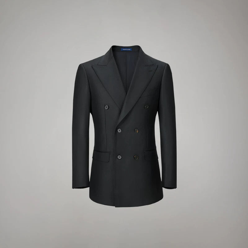Front display of the Pianissimo Italian wool double-breasted blazer showing broad peak lapels, barchetta chest welt pocket, and flap pockets — From Borcelleclothes.