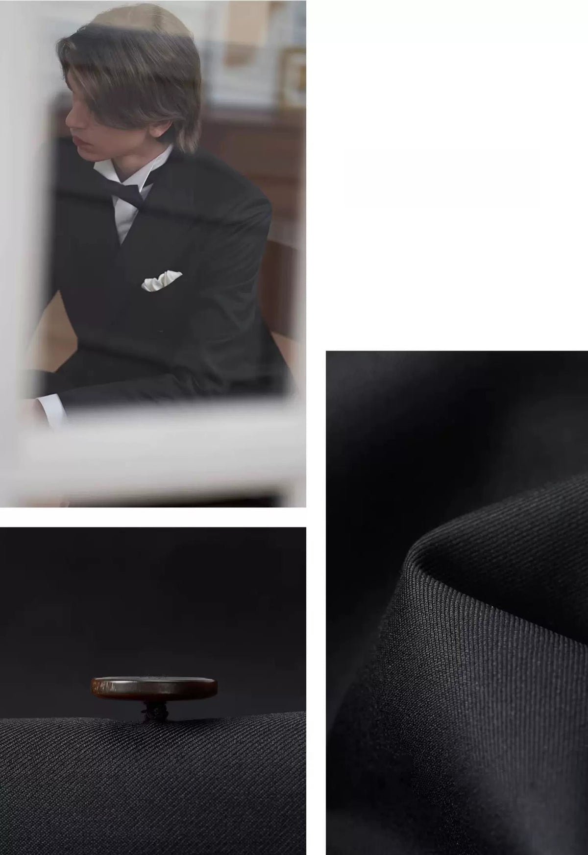 Collage detail highlighting genuine horn buttons with subtle tortoiseshell undertones raised on hand-wrapped thread shanks — From Borcelleclothes.