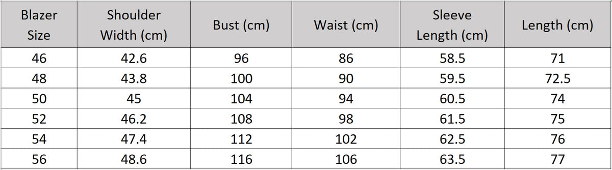 Detailed size and fit measurement chart for the men’s Pianissimo sartorial double-breasted blazer — From Borcelleclothes.