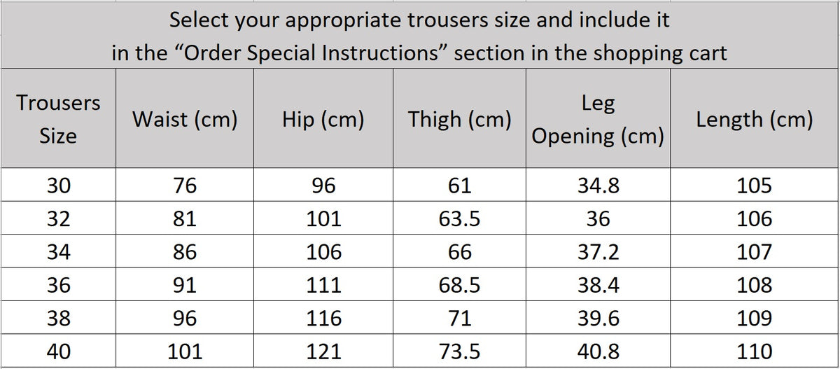 Measurement and sizing chart for the men’s tailored tapered trousers with pressed center creases — From Borcelleclothes.