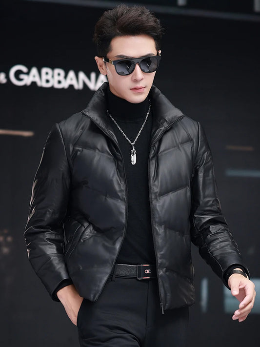 Man wearing short sheepskin down jacket in Onyx with hand in pants pocket — From Borcelleclothes.