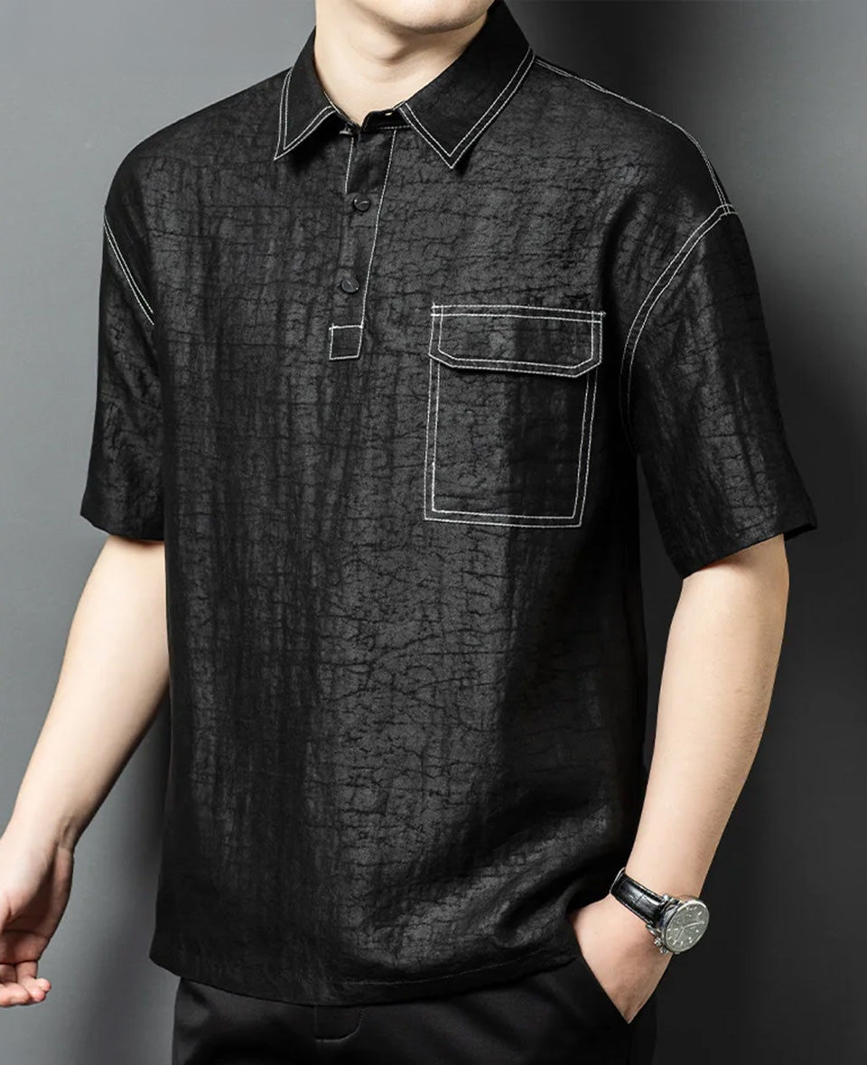 Three-quarter view of a man with his hand in his pocket, illustrating the intersection of modern western style and rare eastern silk heritage — From Borcelleclothes.