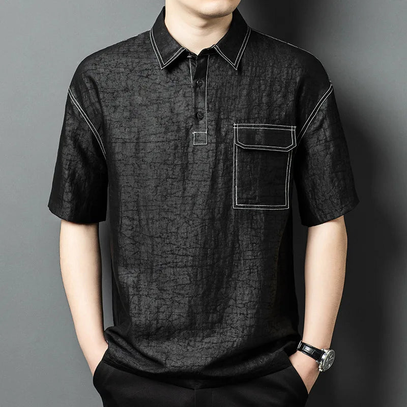 Men's black silk polo shirt made from textured Xiangyunsha silk, highlighting the decorative white contrast topstitching on the upper front and back, featuring the central double topstitching. — From Borcelleclothes.
