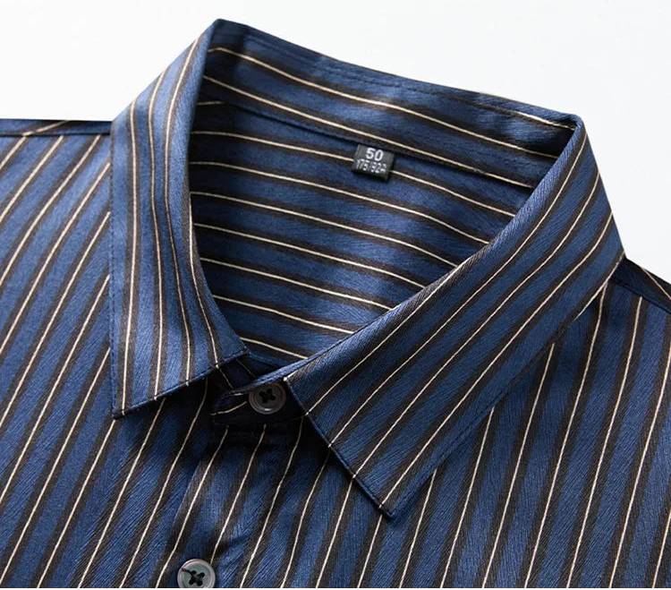 Close-up of the structured point collar on the men's striped herringbone silk shirt in Burning the Midnight Oil — From Borcelleclothes.
