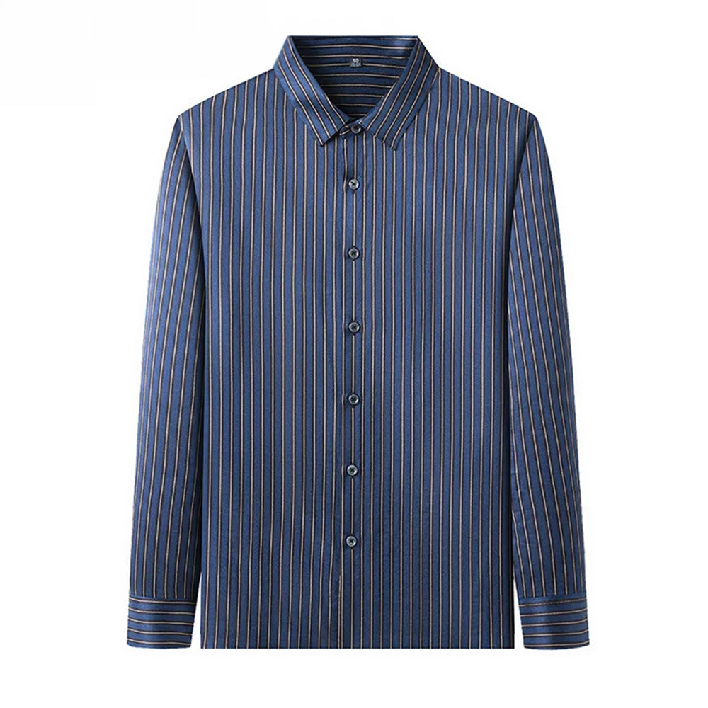 Men's striped print herringbone texture silk shirt in Burning the Midnight Oil, flat-front studio view showcasing the strict vertical stripe pattern — From Borcelleclothes.