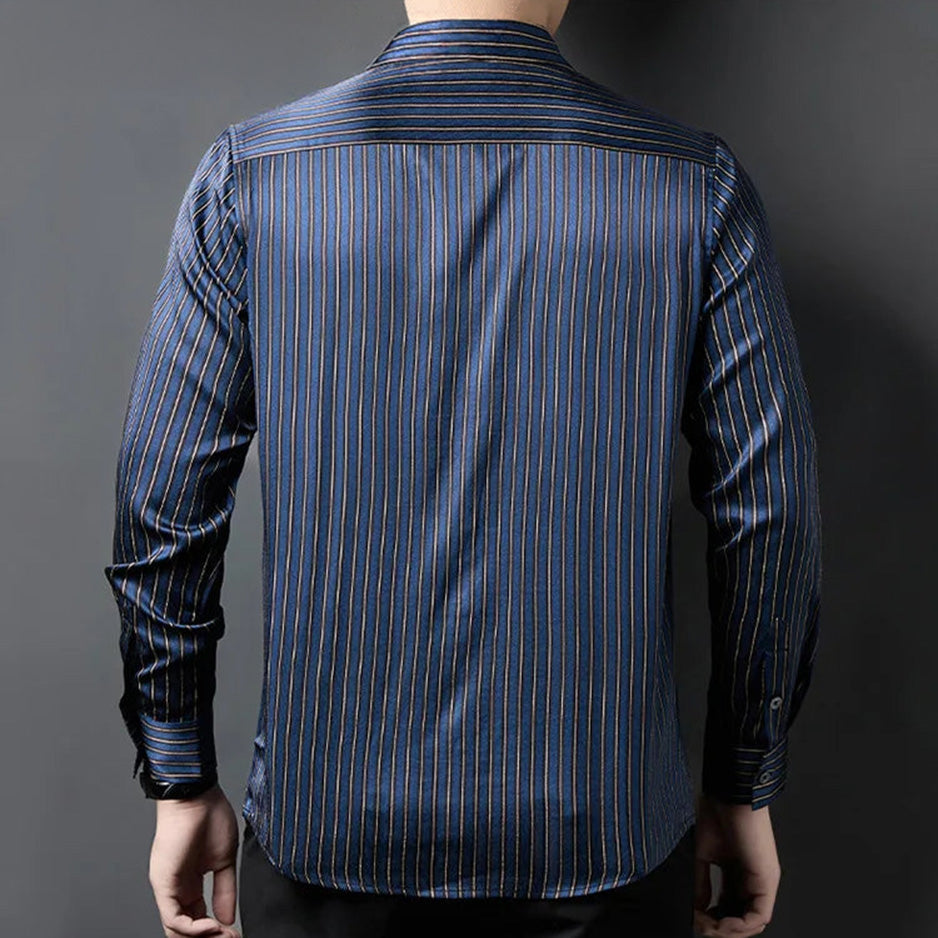 Men's striped print herringbone texture silk shirt in Burning the Midnight Oil, rear view focusing on the clean structure of the back yoke and shoulders — From Borcelleclothes.