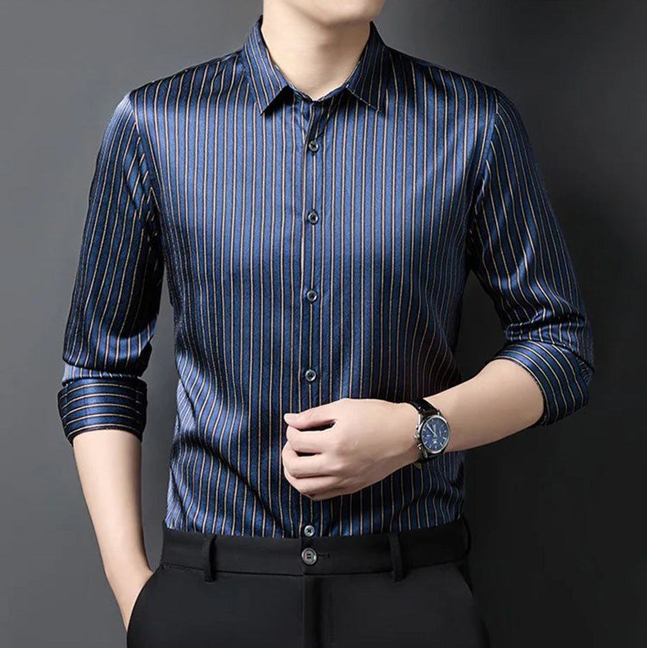 Men's striped print herringbone texture silk shirt in Burning the Midnight Oil, close-up of the model touching the tailored front placket — From Borcelleclothes.