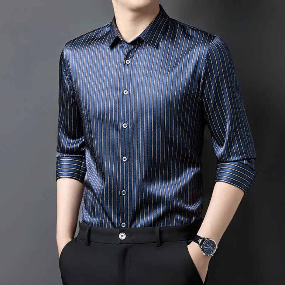 Men's striped print herringbone texture silk shirt in Burning the Midnight Oil, showing the subtle light diffusion as the model turns slightly to the side — From Borcelleclothes.