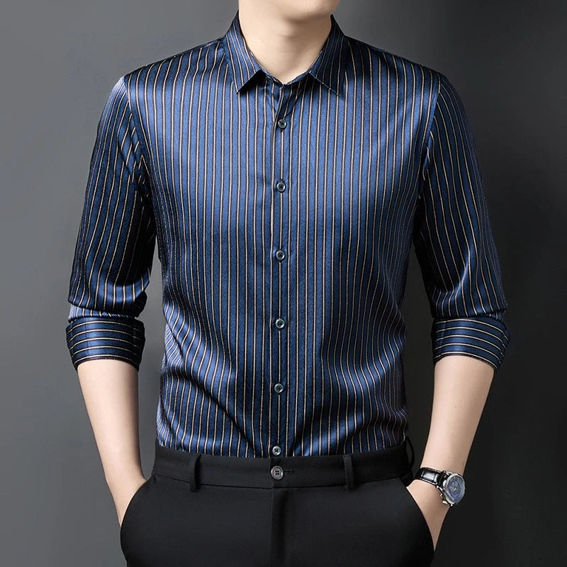 Men's regular-fit luxury shirt in Burning the Midnight Oil color, featuring a vertical stripe pattern over a textured herringbone weave, made from a Mulberry silk-spandex blend. — From Borcelleclothes.