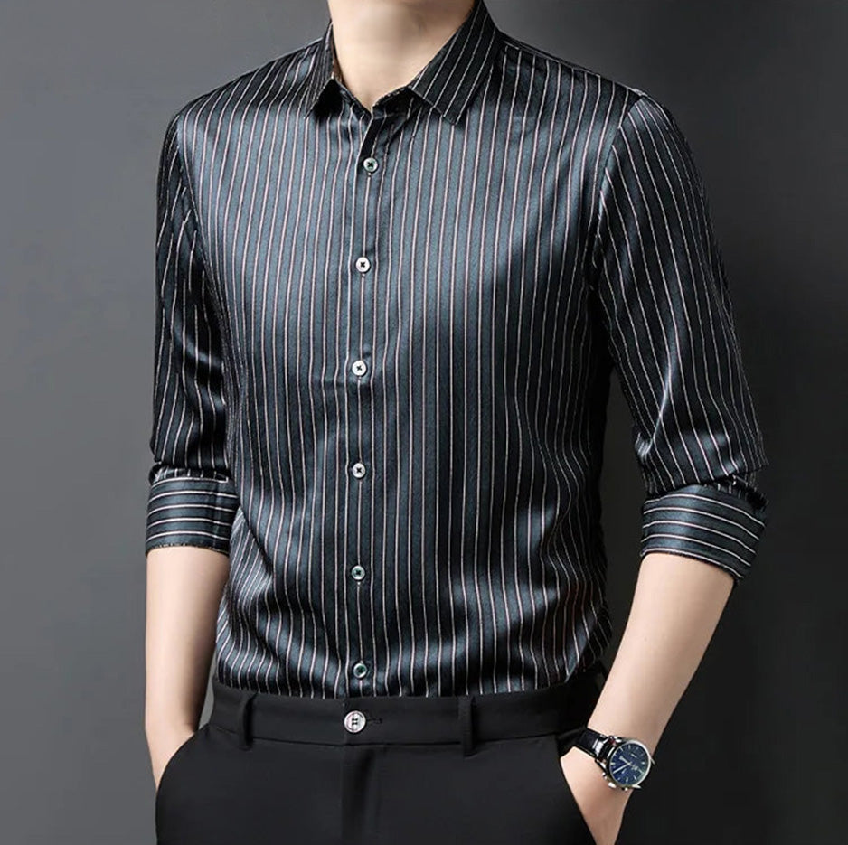 Men's striped print herringbone texture silk shirt in Inky Prose, showcasing the fluid drape as the model turns slightly to the side — From Borcelleclothes.