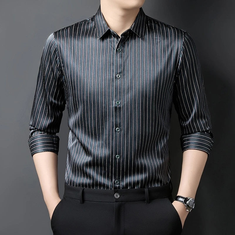 Men's regular-fit luxury shirt in Inky Prose color, featuring a vertical stripe pattern over a textured herringbone weave, made from a Mulberry silk-spandex blend. — From Borcelleclothes.