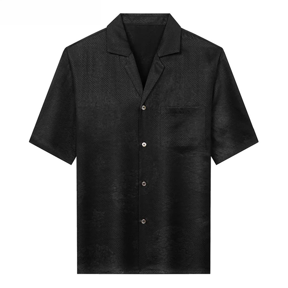 Detailed shot of the front panel of the men's triple-weave silk overshirt, showcasing the natural porosity and heavy, liquid-like drape of the luxury jacquard fabric. — From Borcelleclothes.