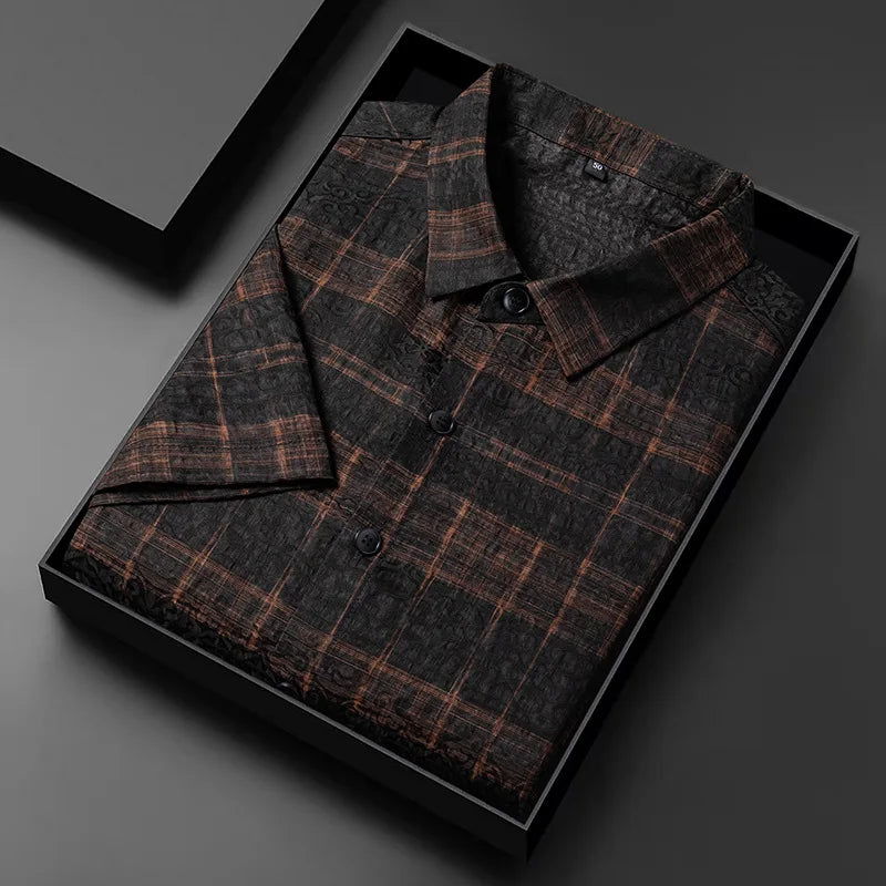 Folded men's premium jacquard silk shirt in baroque graphite, presented inside a luxury gift box, from Borcelleclothes.