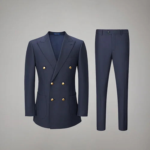 Complete view of the Borcelleclothes Men's VBC Navy Blue Wool Suit with Brass Accents, featuring the double-breasted blazer and slim-cut pants for a polished and sophisticated ensemble.