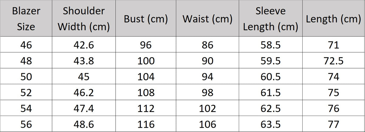 Size chart for the blazer of the Borcelleclothes Men's VBC Navy Blue Wool Suit with Brass Accents, providing detailed measurements for an ideal tailored fit.