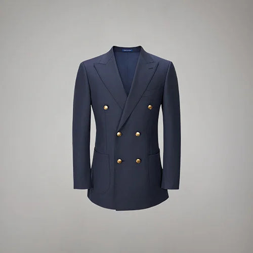 The blazer from the Borcelleclothes Men's VBC Navy Blue Wool Suit with Brass Accents, showcasing the double-breasted design, peaked lapels, and brass buttons.