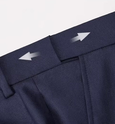 The adjustable waistband on the pants of the Borcelleclothes Men's VBC Navy Blue Wool Suit with Brass Accents, ensuring a custom and comfortable fit.
