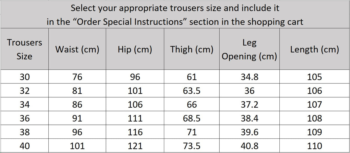 Size chart for the pants of the Borcelleclothes Men's VBC Navy Blue Wool Suit with Brass Accents, ensuring a precise fit for the slim-cut design.