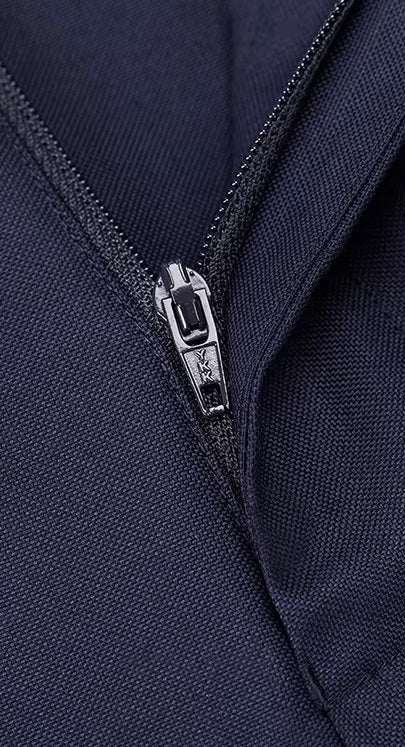 The zipper fly on the pants of the Borcelleclothes Men's VBC Navy Blue Wool Suit with Brass Accents, highlighting the meticulous craftsmanship.
