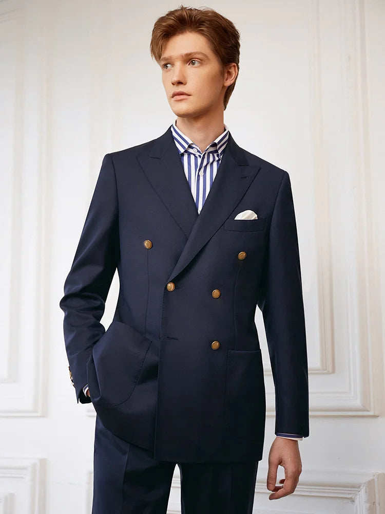 Borcelleclothes Men's VBC Navy Blue Wool Suit with Brass Accents featuring a double-breasted blazer with peaked lapels, bold convex brass buttons, patch pockets, and slim-cut pants, crafted from 100% wool for a timeless and sophisticated look.