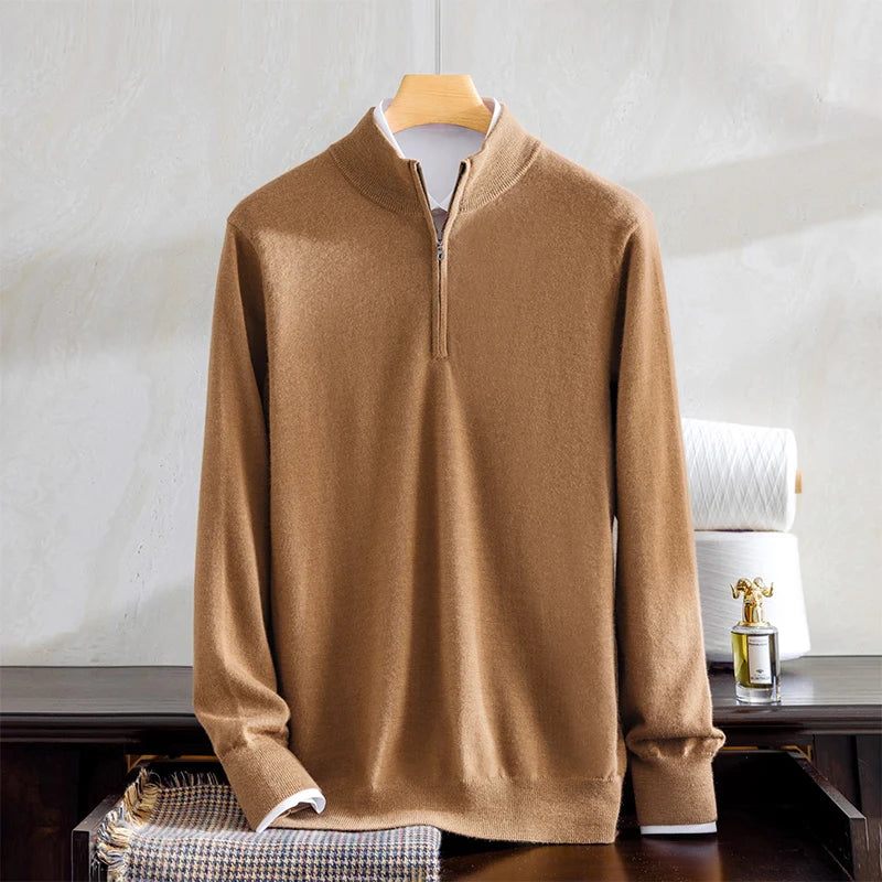 Men's 100% worsted cashmere pullover in a 68-count fine gauge. Features a clean quarter-zip stand collar, smooth natural sheen, and low-bulk tailored fit. Shown in Amber Resin color. — From Borcelleclothes.