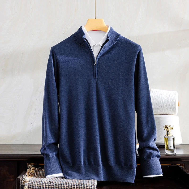 Men's 100% worsted cashmere pullover in a 68-count fine gauge. Features a clean quarter-zip stand collar, smooth natural sheen, and low-bulk tailored fit. Shown in Ceylon Sapphire color. — From Borcelleclothes.