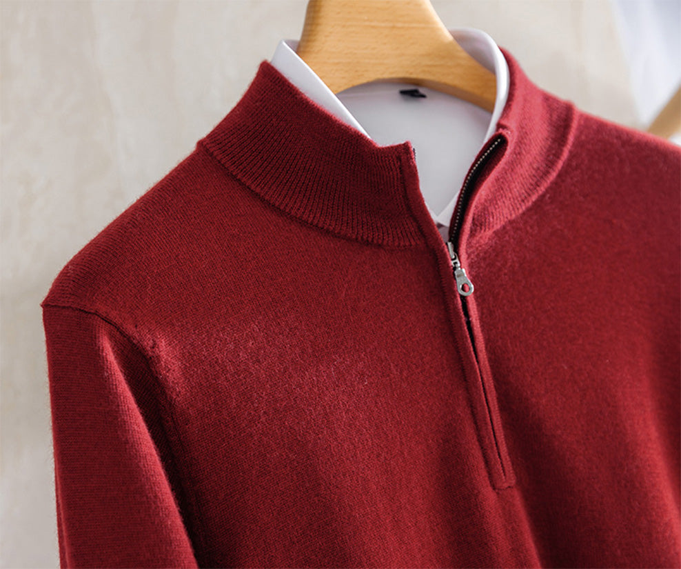 Upper body detail of the Cut Ruby worsted cashmere pullover displaying the structured neckline and zip closure — From Borcelleclothes.