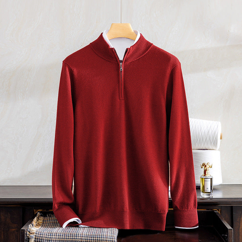 Men's 100% worsted cashmere pullover in a 68-count fine gauge. Features a clean quarter-zip stand collar, smooth natural sheen, and low-bulk tailored fit. Shown in Cut Ruby color. — From Borcelleclothes.