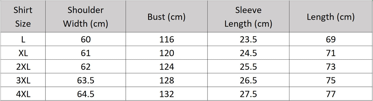 Men's size chart for a relaxed short-sleeve shirt-jacket in matte Parchment Graphite Xiangyunsha silk, featuring a Cuban collar and horizontal front mid-seam. — From Borcelleclothes.