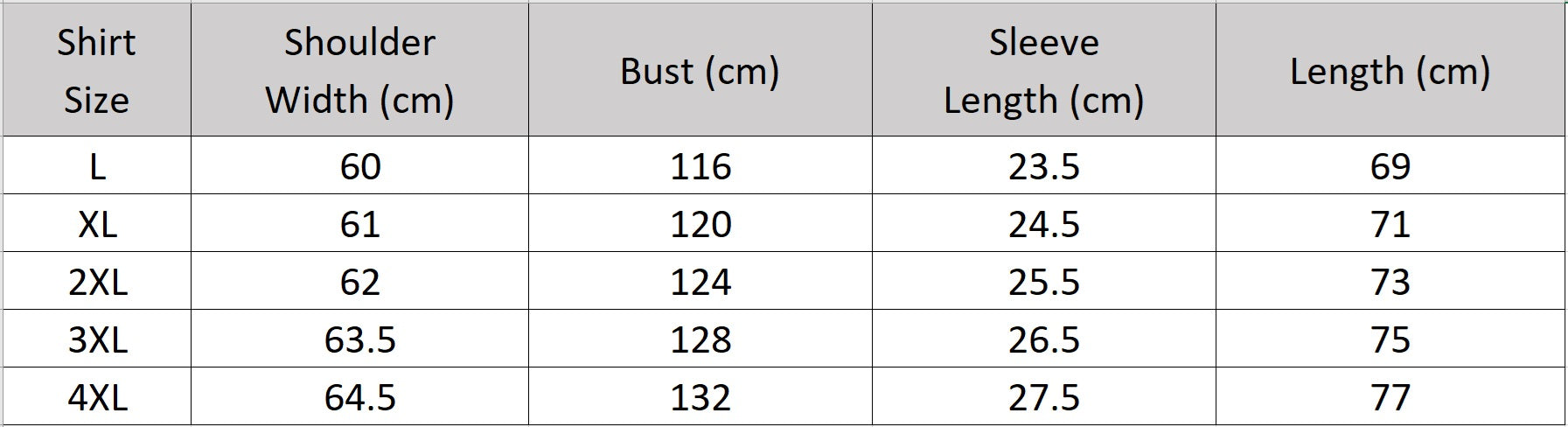 Men's size chart for a relaxed short-sleeve shirt-jacket in matte Parchment Graphite Xiangyunsha silk, featuring a Cuban collar and horizontal front mid-seam. — From Borcelleclothes.
