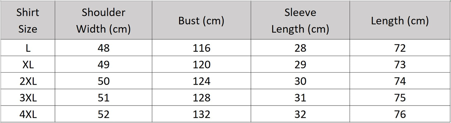 Men's size chart for a minimalist shirt crafted from rare, heritage Guangdong Gambiered silk in Coolness of a River Stone color. Features a strict band collar, concealed placket, patch pockets, and clean side slits. — From Borcelleclothes.