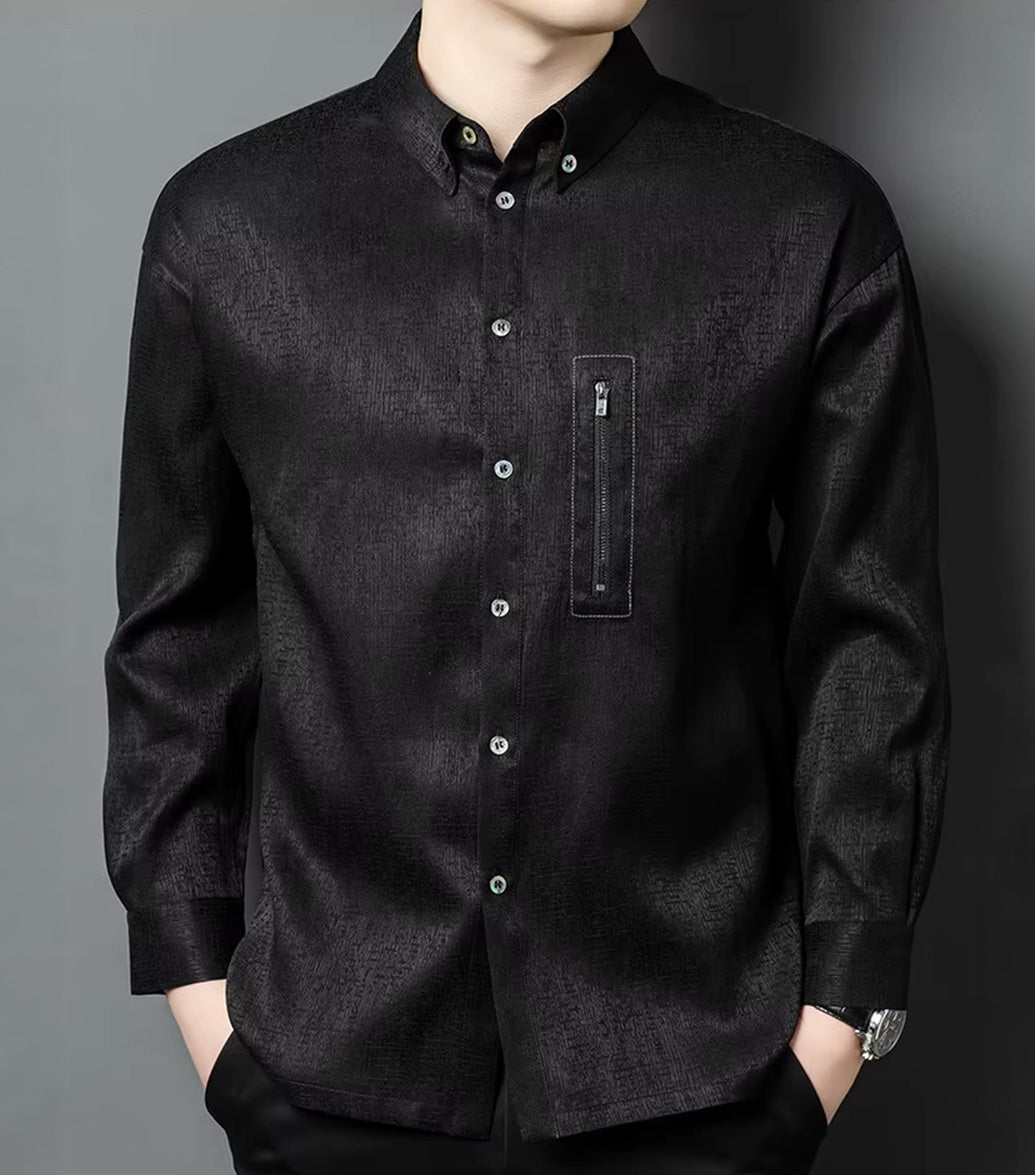 Men's heavyweight black Mulberry silk shirt in Elephant Skin color, featuring a structured jacquard weave with a matte and semi-gloss texture resembling elephant skin. — From Borcelleclothes.