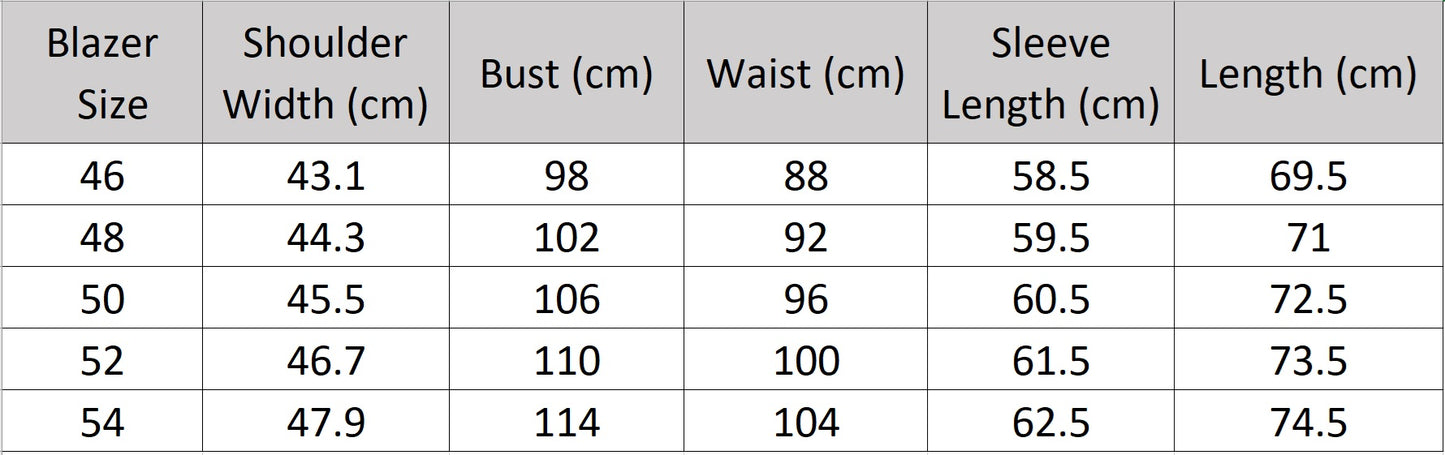 Men’s size chart for a blazer of the double-breasted suit in Almond Frost with peaked lapels and horn buttons, worn with quiet poise and modern edge. From Borcelleclothes.