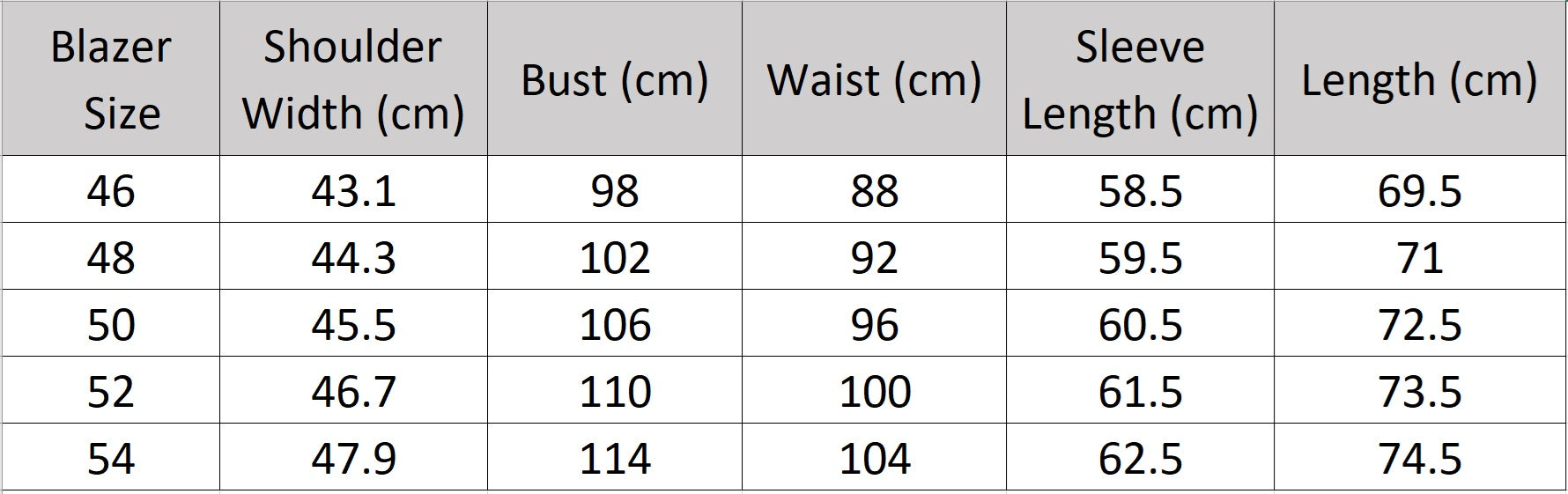 Men’s size chart for a blazer of the double-breasted suit in Almond Frost with peaked lapels and horn buttons, worn with quiet poise and modern edge. From Borcelleclothes.