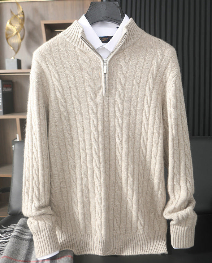 Draping of a Men’s cable cashmere sweater in Shaken Not Stirred color, with braided detailing, mock neck zip, and dropped shoulders —  From Borcelleclothes.