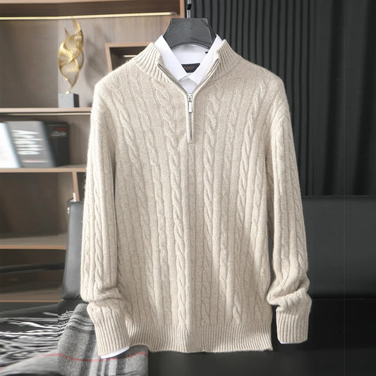 Men’s cable cashmere sweater in Shaken Not Stirred color, with braided detailing, mock neck zip, and dropped shoulders —  From Borcelleclothes.