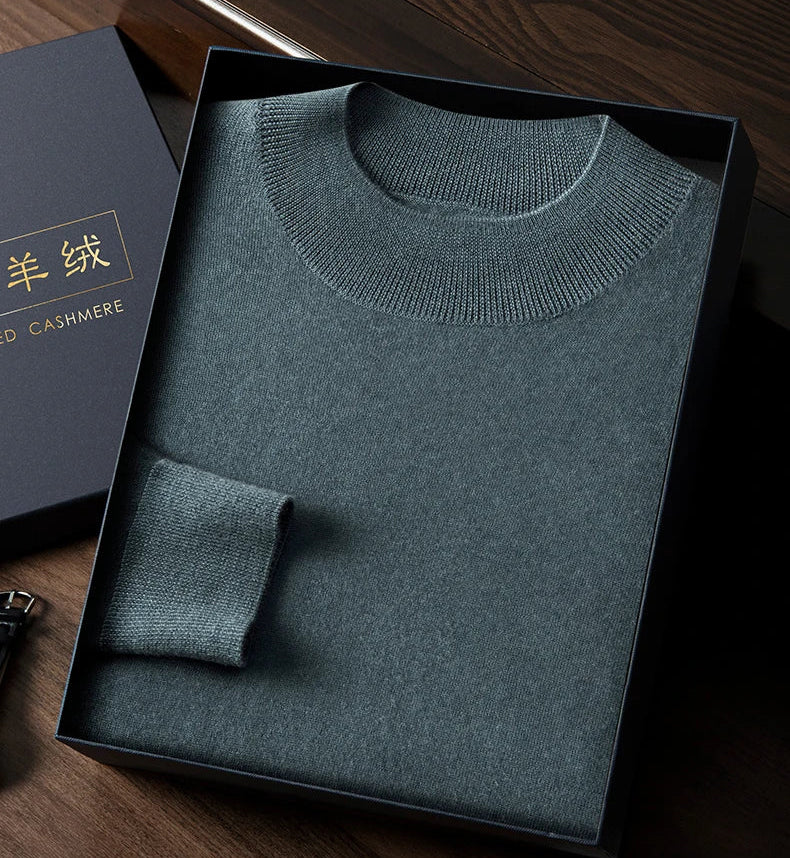 Sea Swell cashmere mock neck sweater placed in gift box — From Borcelleclothes.
